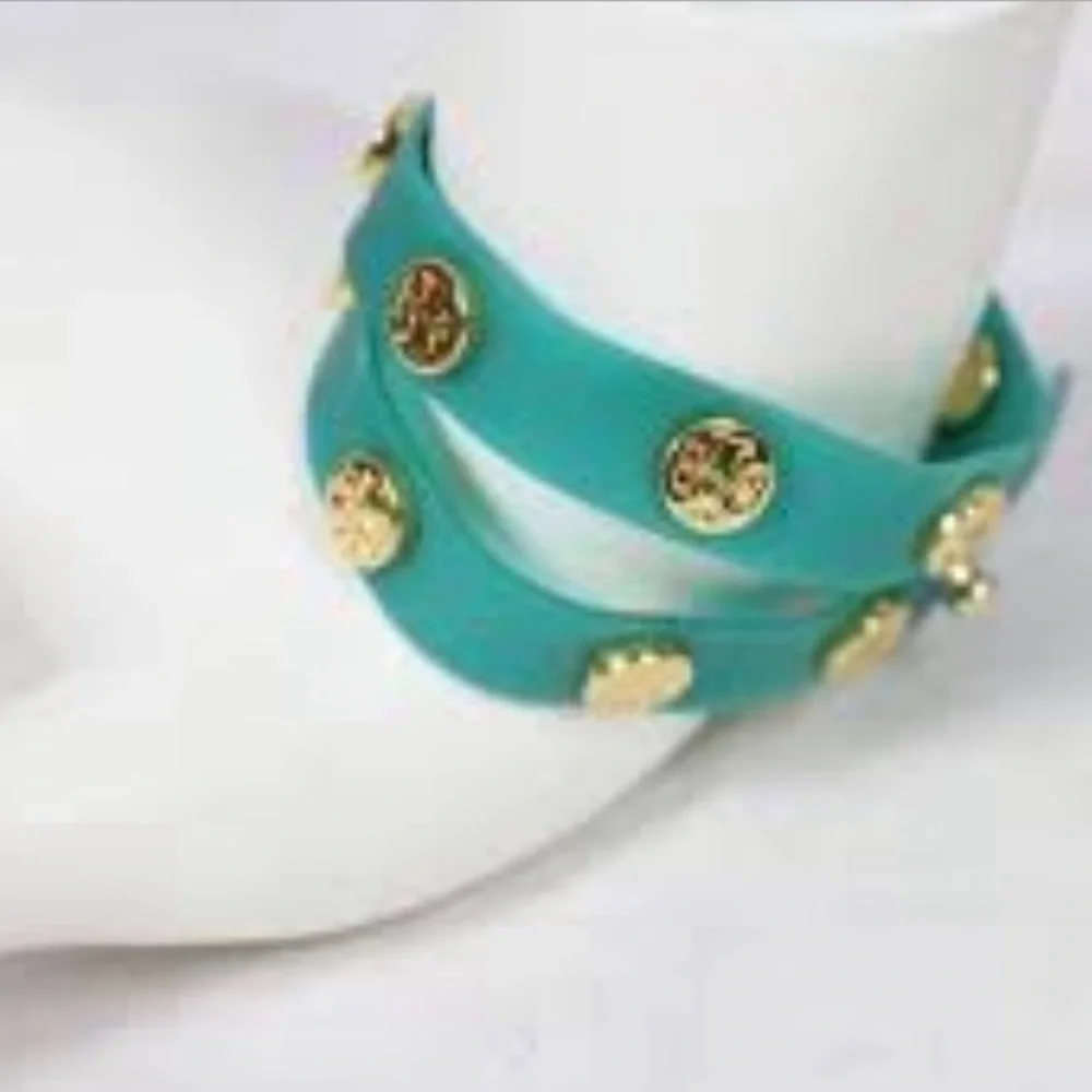 Tory Burch Logo Studded Jelly Wrap Turquoise Bracelet
